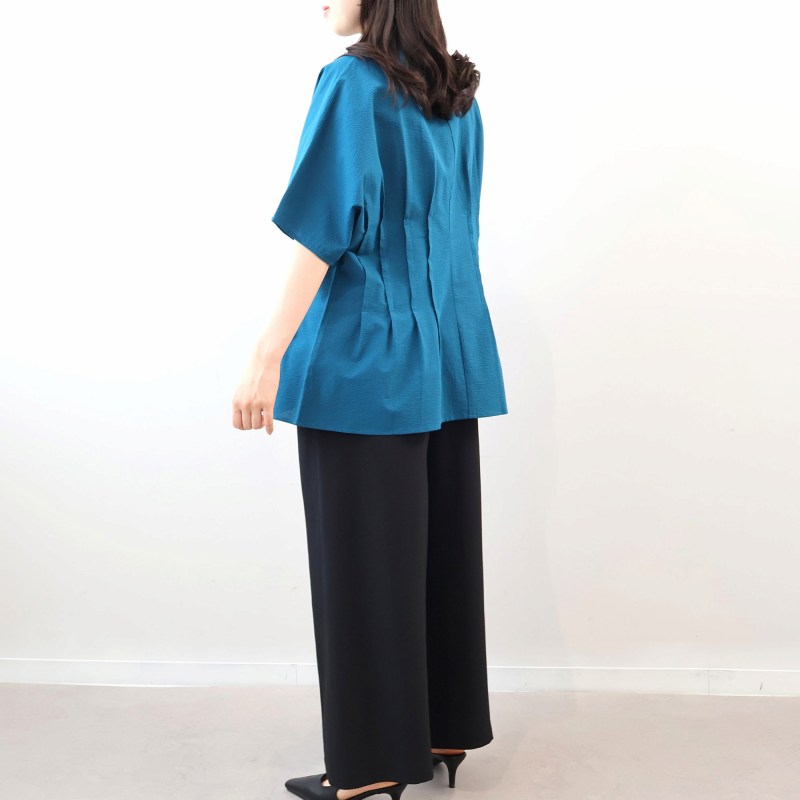 L〜5L コットン シアサッカー サイドタック ブラウス 大きいサイズ レディース 春 夏 半袖 5分袖 fleur by mint breeze フルール バイ ミントブリーズの画像