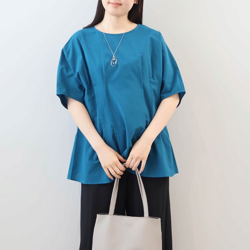 L〜5L コットン シアサッカー サイドタック ブラウス 大きいサイズ レディース 春 夏 半袖 5分袖 fleur by mint breeze フルール バイ ミントブリーズの画像