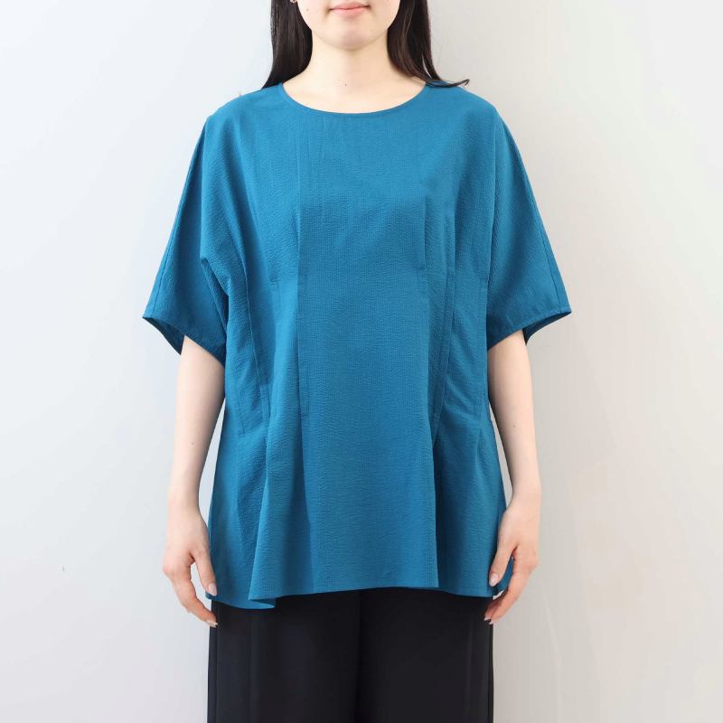 L〜5L コットン シアサッカー サイドタック ブラウス 大きいサイズ レディース 春 夏 半袖 5分袖 fleur by mint breeze フルール バイ ミントブリーズの画像