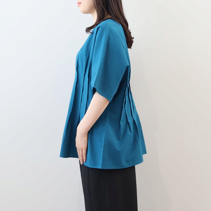 L〜5L コットン シアサッカー サイドタック ブラウス 大きいサイズ レディース 春 夏 半袖 5分袖 fleur by mint breeze フルール バイ ミントブリーズの画像