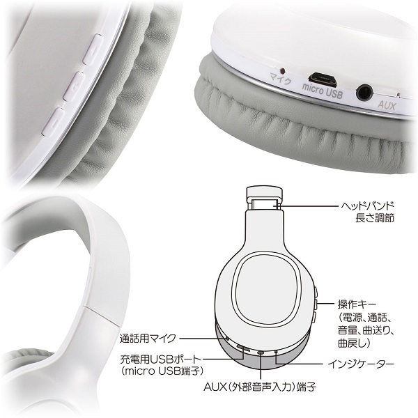 ワイヤレスヘッドホン（Bluetooth/USB充電/スピーカー口径40mm/外部