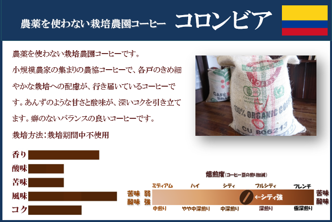 無農薬・有機栽培100％農園コーヒー　コロンビア