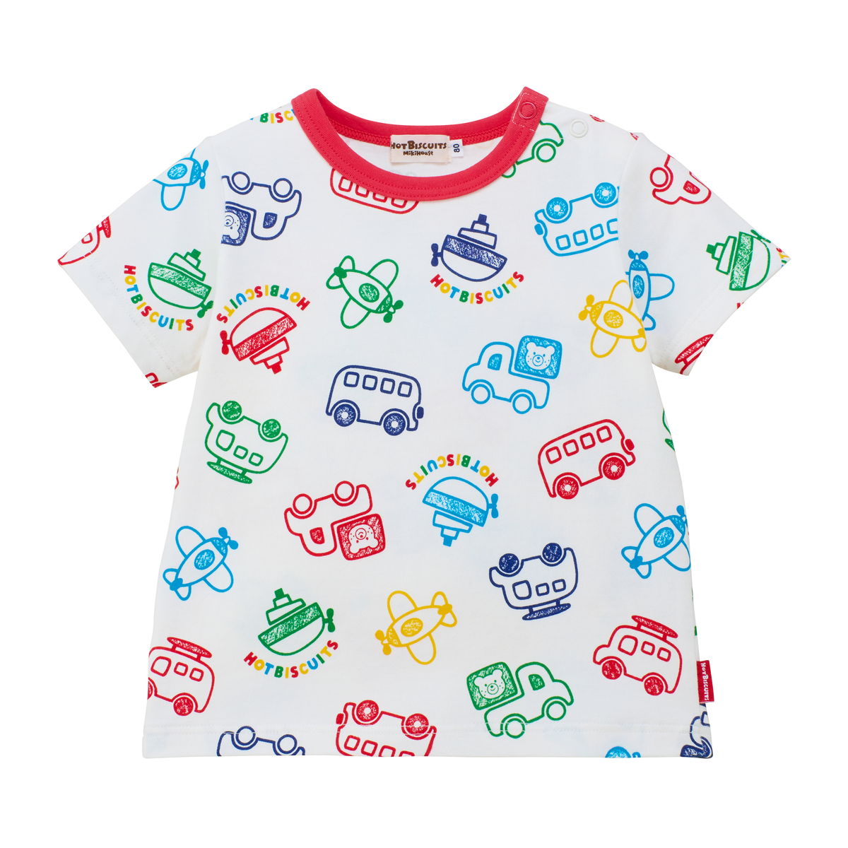 HOT BISCUITS ミキハウス ビーンズ×乗り物 総柄 半袖Tシャツ 白 80cm