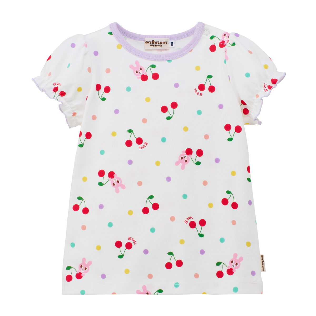 ミキハウス キャビット×さくらんぼ 総柄 半袖Tシャツ 白 80cm 90cm 100cm 110cm 120cm ホットビスケッツ HOT BISCUITSの画像