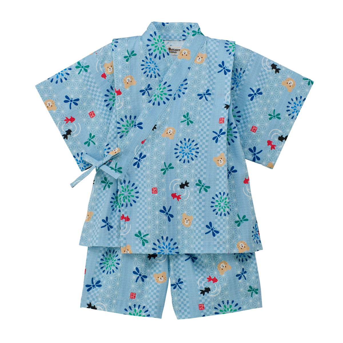 ミキハウス 総柄 甚平スーツ 白 黄 ピンク ブルー ストームブルー 80cm 90cm 100cm 110cm 120cm ホットビスケッツ HOT BISCUITSの画像