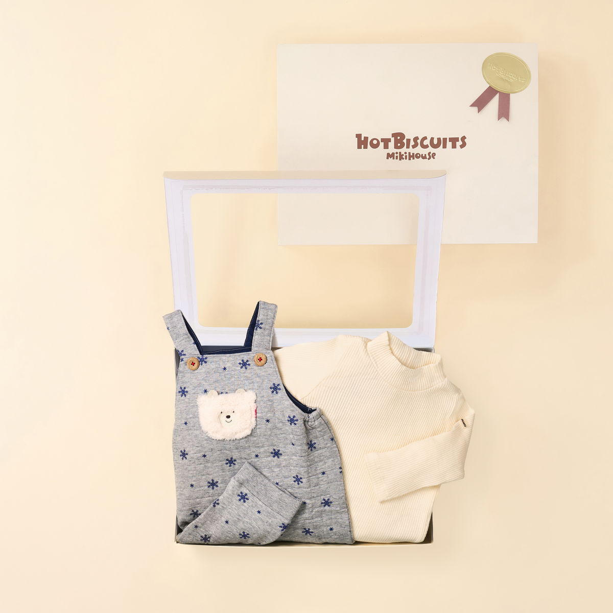 ミキハウス 出産祝い 内祝い キルト素材 オーバーオール＆Tシャツギフトセット【BOX付き】 グレー アイボリー 70cm 80cm ホットビスケッツ HOT BISCUITS | HOT BISCUITS | 01