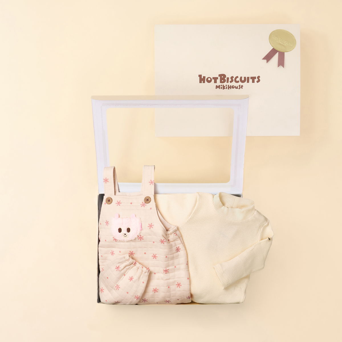 ミキハウス 出産祝い 内祝い キルト素材 オーバーオール＆Tシャツギフトセット【BOX付き】 グレー アイボリー 70cm 80cm ホットビスケッツ HOT BISCUITS | HOT BISCUITS | 02