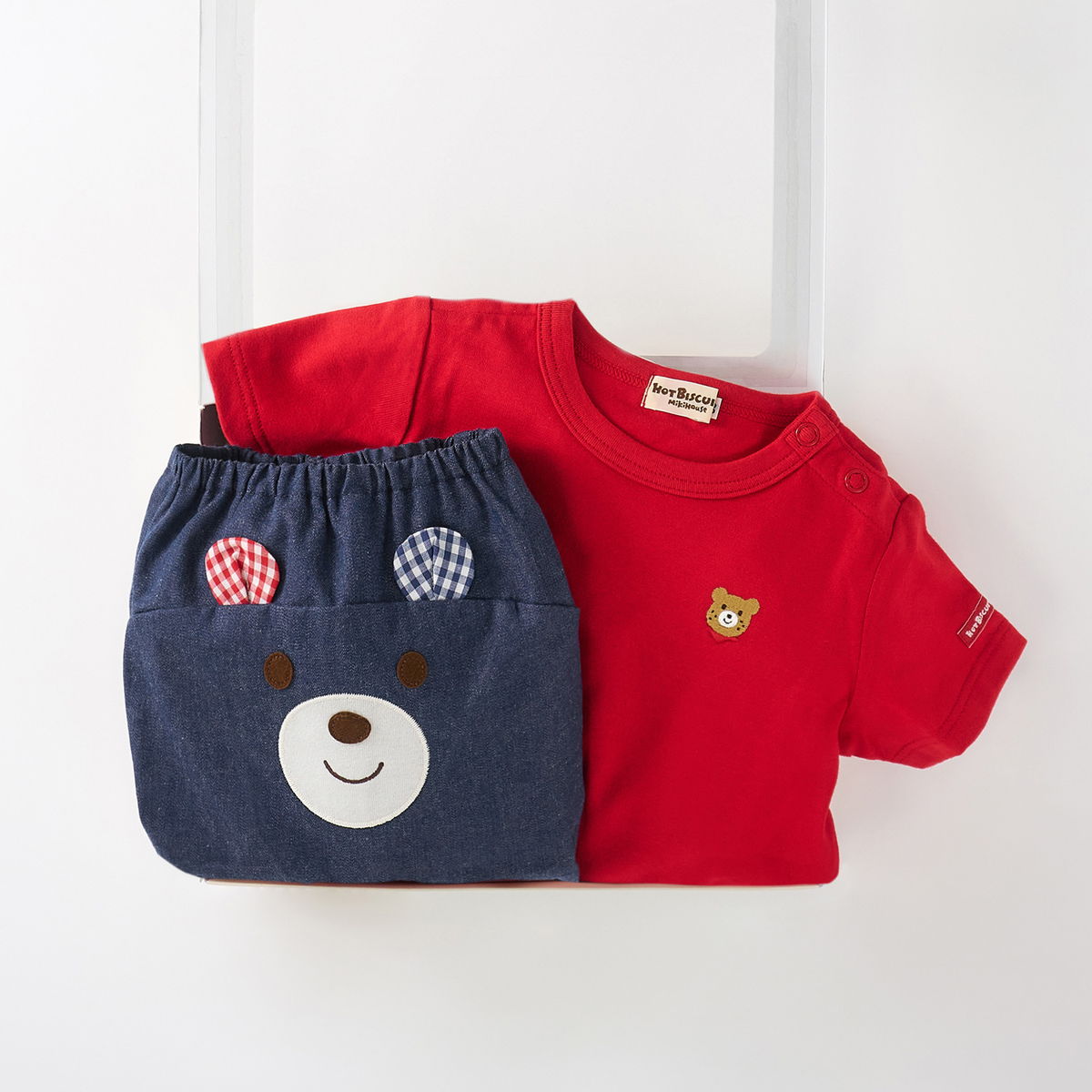 ミキハウス 出産祝い 内祝い ワンポイント半袖Tシャツ＆顔ドンブルマセット【BOX付き】 アウトレット ホットビスケッツ HOT BISCUITSの画像