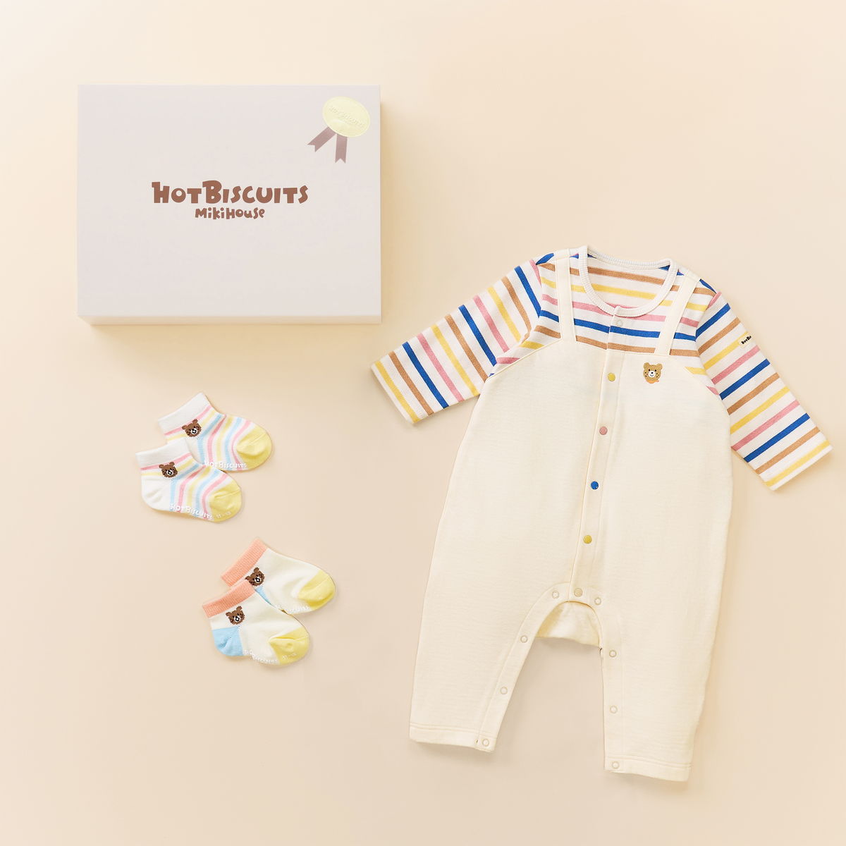 ミキハウス 出産祝い 内祝い カバーオール＆ローカットソックスセット【BOX付き】 ベージュ マルチカラー 70cm ホットビスケッツ HOT BISCUITS | HOT BISCUITS | 02