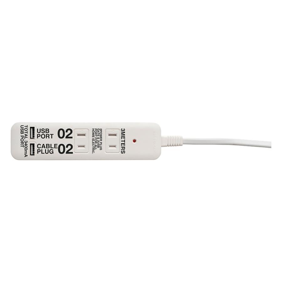 ケーブルプラグ CABLE PLUG 電源タップ＆USBポート 2個口 003312 コード長さ3ｍ 延長コード BRID｜hotchpotch｜02