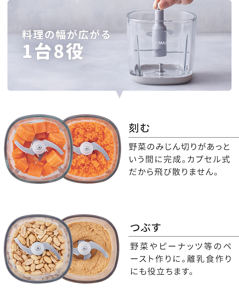 料理の幅が広がる1台8役、刻む・つぶす