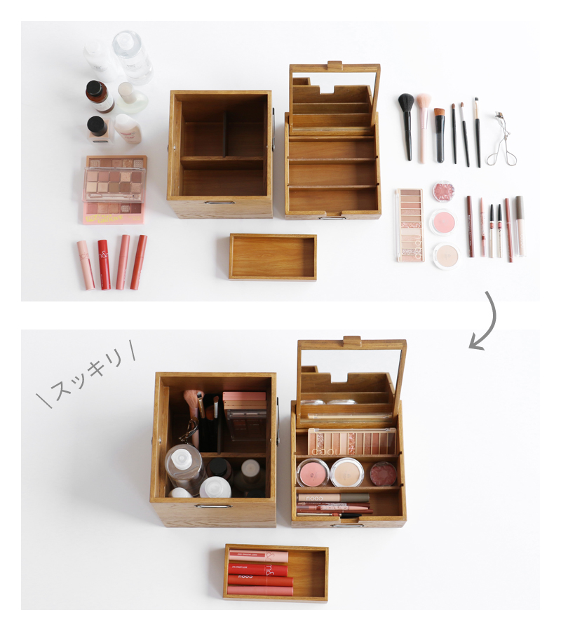 コスメボックス 木製 市場 Wooden Cosme Box K-3745VNA 鏡付き メイク