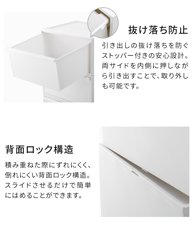 抜け落ち防止、背面ロック構造