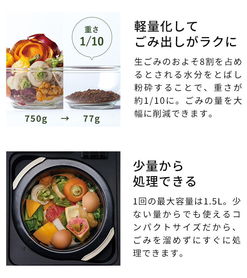 生ごみを軽量化、少量から処理できる