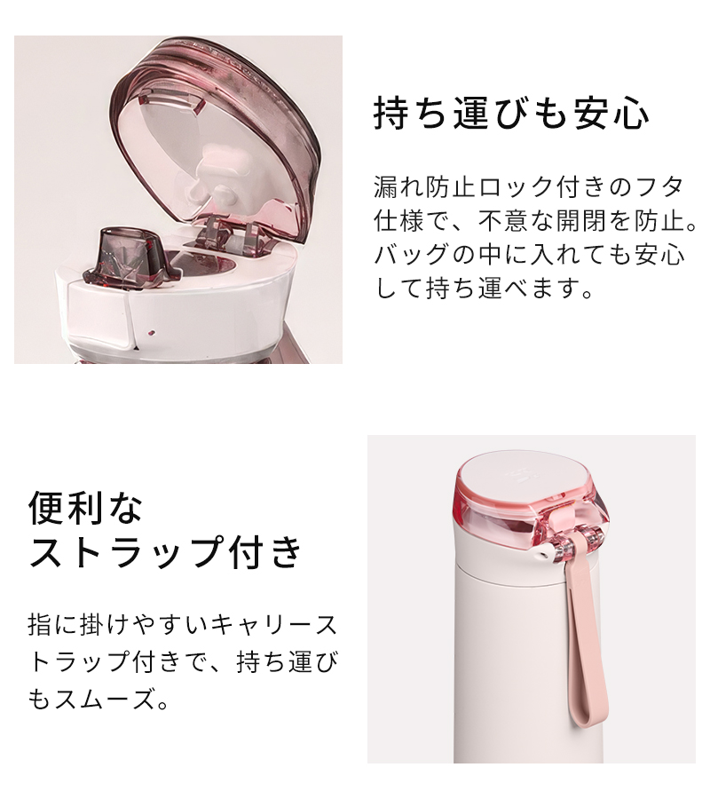 漏れ防止ロック付のフタ　ストラップ付き