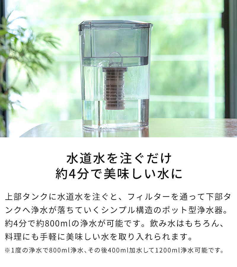 浄水器 ポット型浄水器 MIZ-U ミズユー MIZ-U-BK01 浄水ポット 1.2L 高