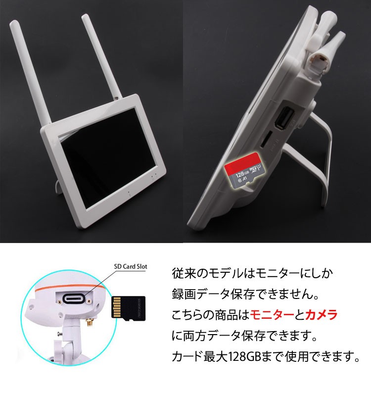 日本規格64GBカード搭載 タッチモニター+防犯カメラセット IPS液晶 NVRモニター+防水カメラ2台 ホワイト TSF712G64-wh 防犯カメラ