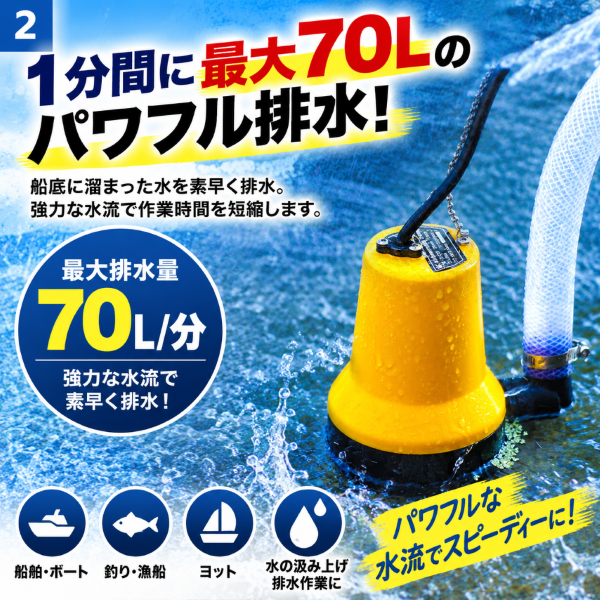 水中ポンプ 小型 12V/24V ビルジポンプ 船舶 ボート 海水対応 ワニ