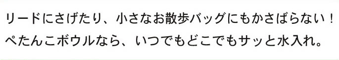 リードにさげたり、小さなお散歩バッグにもかさばらない！ペタンコボウルなら、いつでもサッと水入れ。