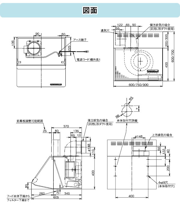 富士工業 レンジフード シロッコファン 間口900mm BDR-3HLD-901BK/W