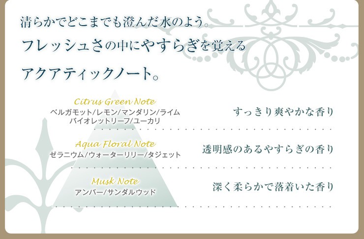 清らかでどこまでも澄んだ水のよう。フレッシュさの中にやすらぎを覚えるアクアティックノート。