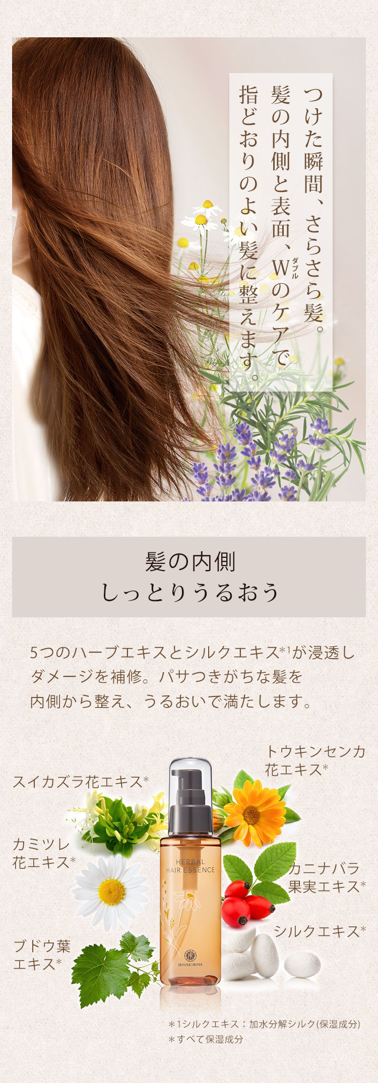 つけた瞬間、さらさら髪。髪の内側と表面、Wのケアで指どおりの良い髪ｎい整えます。