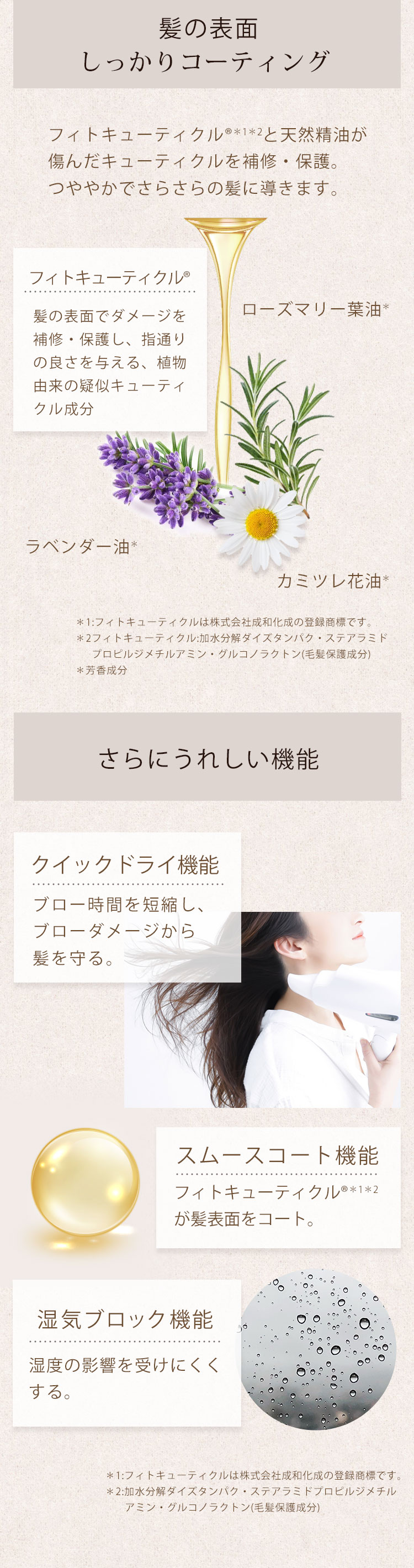 髪の内側はしっとりうるおう。髪の表面はしっかりコーティング。