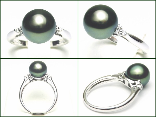 【美品】10.0mm珠　ピーコックグリーン黒蝶真珠　ダイヤモンドリング　プラチナ 黒蝶真珠クロチョウパールリング指輪ダイヤモンドピーコックグリーン
