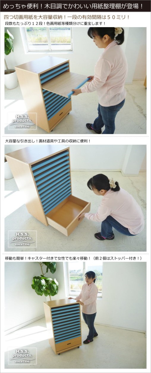 HIRANO 画用紙整理棚（画用紙収納棚）木目調 キャスター付き 小型 廃番