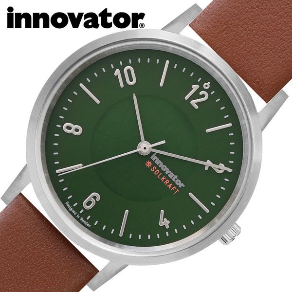イノベーター ソーラー 時計 ソルクラフト innovator 腕時計 SOLKRAFT メンズ グリーン IN-0009-10 おすすめ 北欧 デザイン レザー 革 ベルト ブラウン｜hstyle