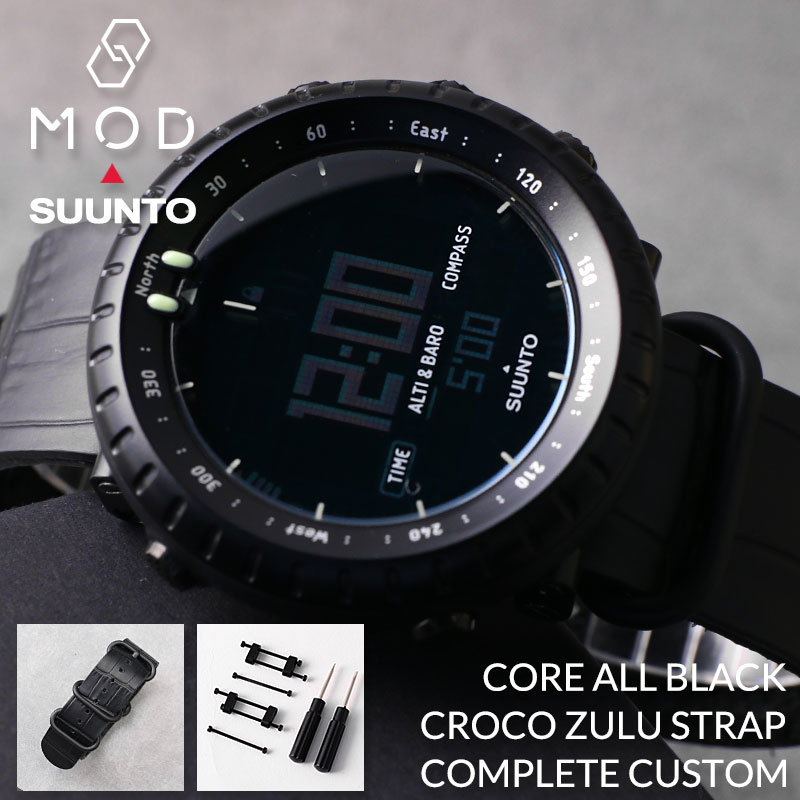 スント コア オールブラック 腕時計 SUUNTO CORE BLACK 時計 スントコア メンズ クロコ 型押し レザー ZULU ベルト セット NATO タイプ バンド 引き通し