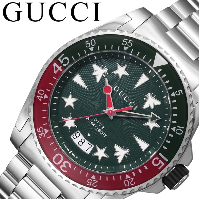 グッチ 腕時計 GUCCI 時計 ダイヴ DIVE メンズ グリーン シルバー 男性 仕事 ビジネス 上品 高級感 冠婚葬祭 ラグジュアリー 使いやすい アナログ ラウンド