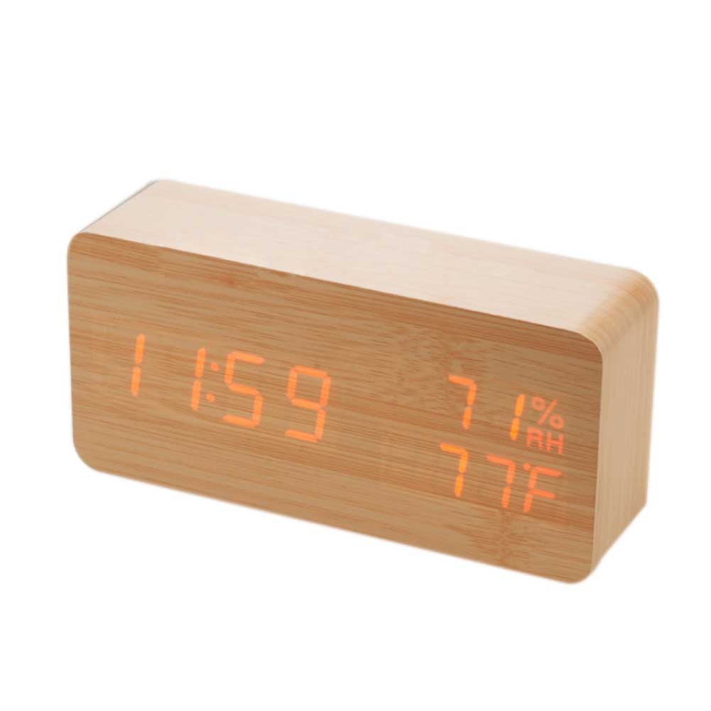 目覚まし時計 デジタル 木製 置き時計 温度湿度計 木目調デジタル 置き時計 アラーム カレンダー付き  音声感知 USB給電/電池｜hugeled｜03
