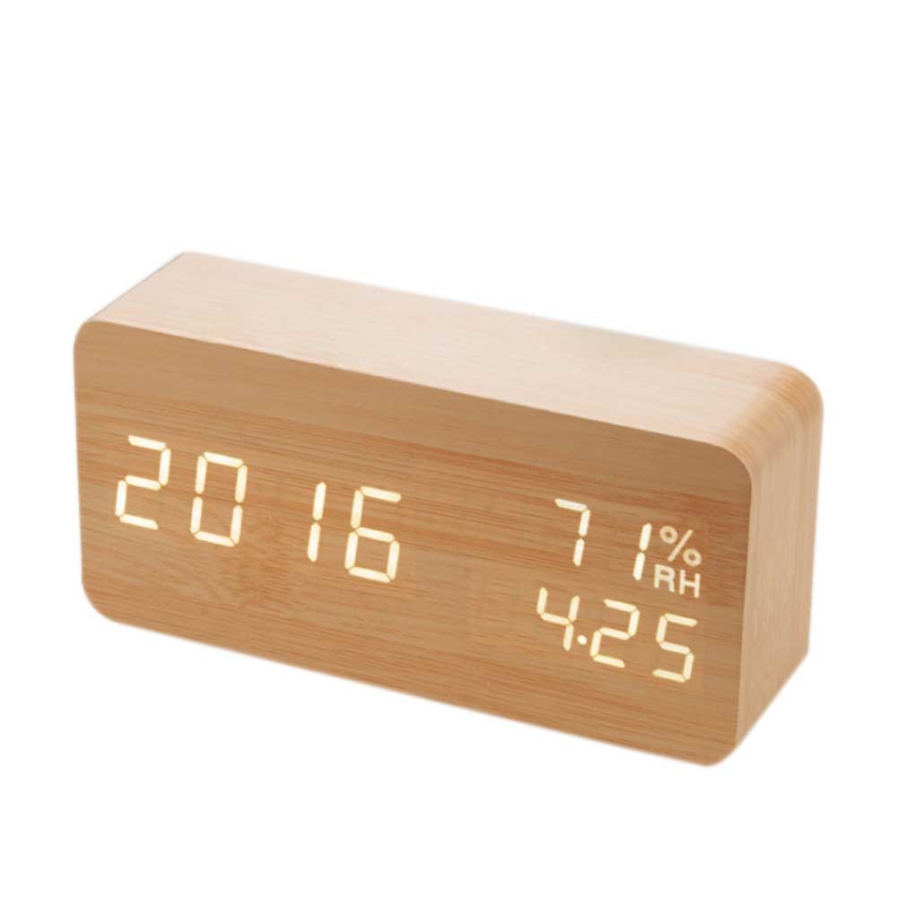 目覚まし時計 デジタル 木製 置き時計 温度湿度計 木目調デジタル 置き時計 アラーム カレンダー付き  音声感知 USB給電/電池｜hugeled｜04