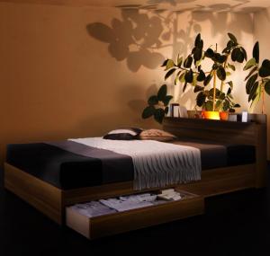 モダンライト・コンセント付き収納ベッド プレミアムボンネルコイルマットレス付き ダブル 組立設置付