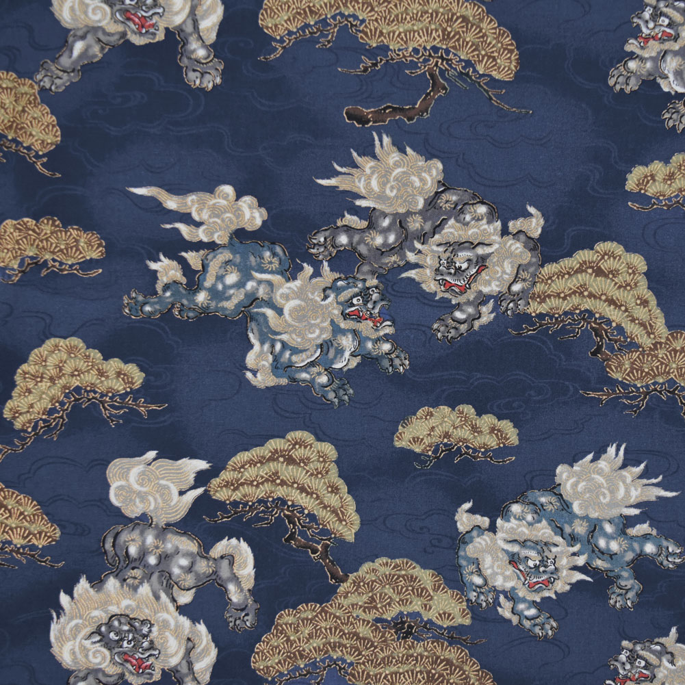 生地 和柄生地 (約113cm巾x2mカット済) 布 和調 唐獅子 松 流雲 金彩