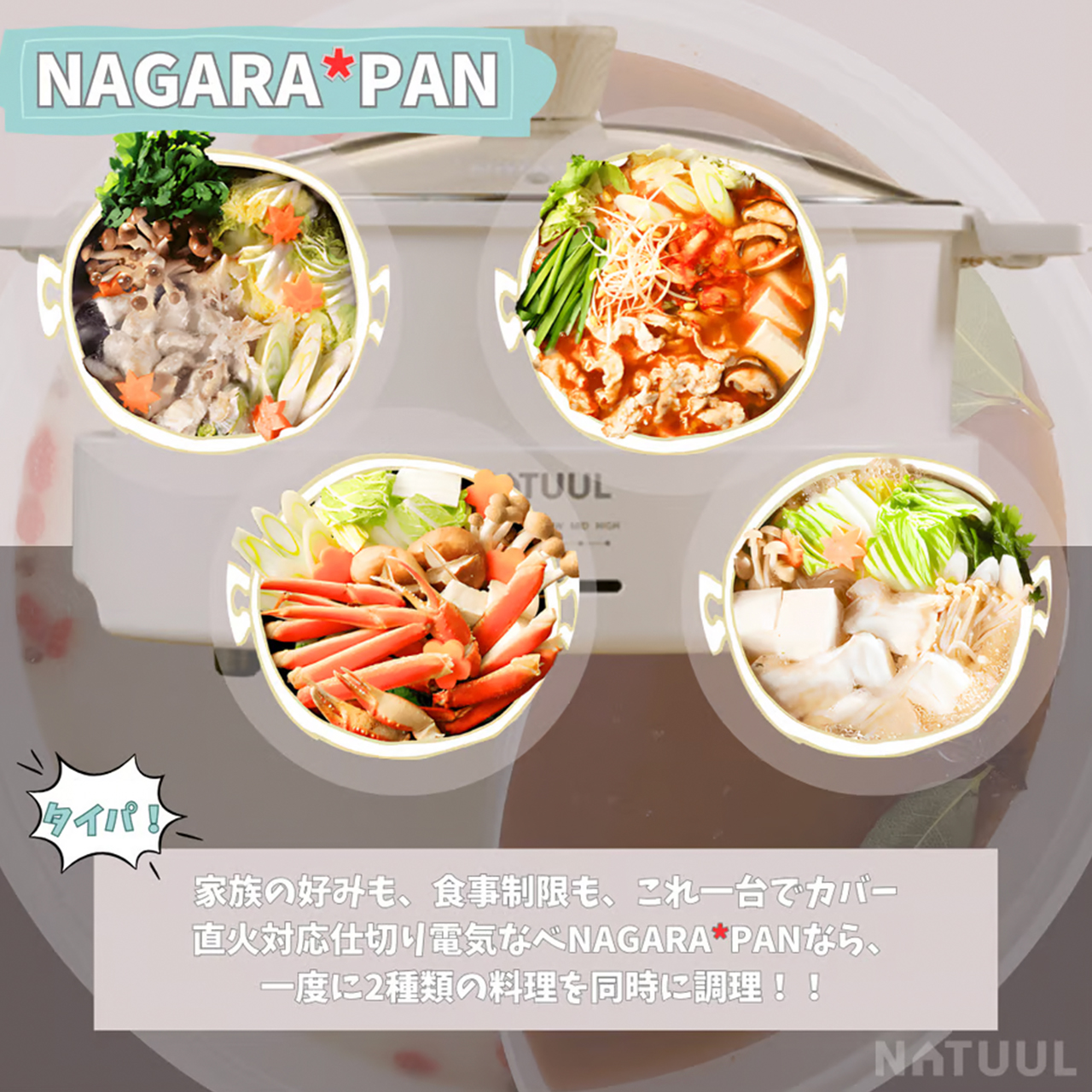 NATUUL 仕切り付き　電気鍋 アズマ NATUUL 2食おやこなべ 電気鍋 仕切り鍋 NL-GP2IOA たこ焼