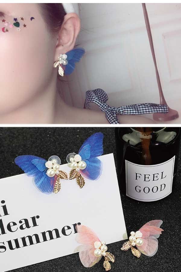 ピアス パール ビジュー シフォン 蝶々