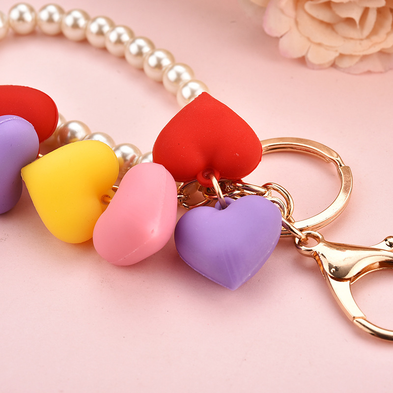 送料無料 キーホルダー カラフル ハート チャーム パール ストラップ
