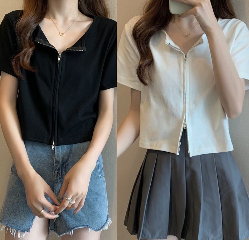 トップス Tシャツ 前ファスナー ダブルファスナー 薄手 2way 半袖 重ね