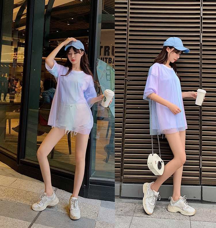 送料無料 レインボーカラー 二重 ロングTシャツ ロング丈 シアー
