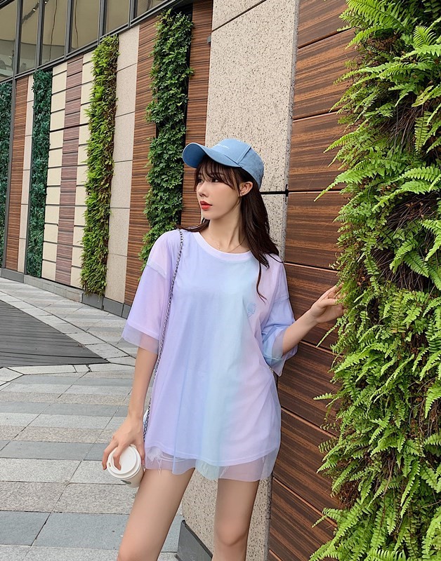 送料無料 レインボーカラー 二重 ロングTシャツ ロング丈 シアー