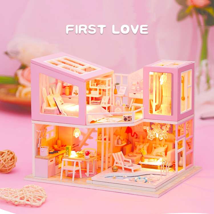 ドールハウス キット ピンクの二階建てのお家 プール 夏 女の子 DIY