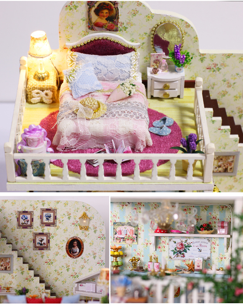木製　ドールハウス　お花、素敵なライトがあるお部屋　背景ボードにもティアラ 木製 ドールハウス お花、シャンデリアがあるお部屋 背景ボード