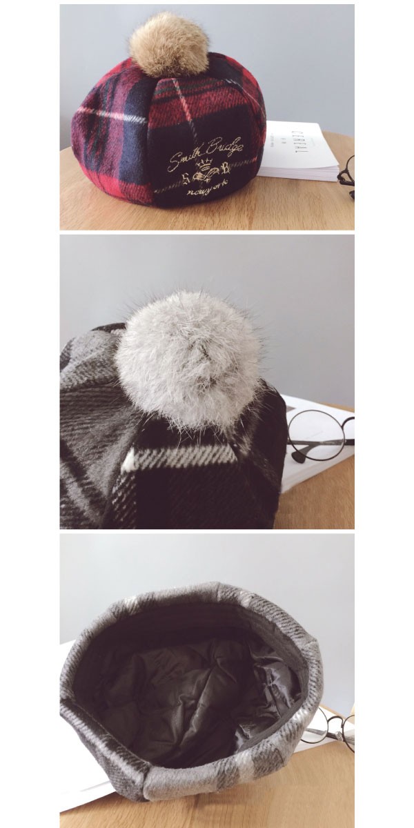 エンブレム刺繍入りのふんわりチェックベレー帽