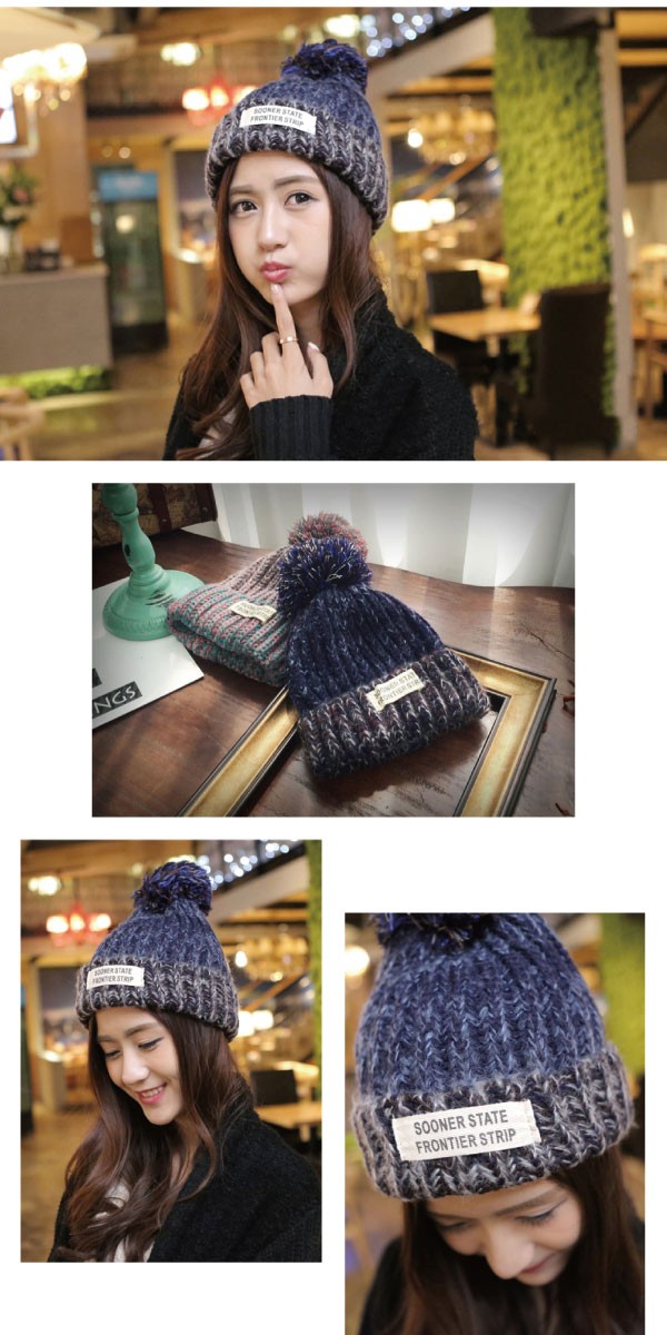 送料無料 ニット帽 帽子 ミックスカラー ポンポン リブ ニット