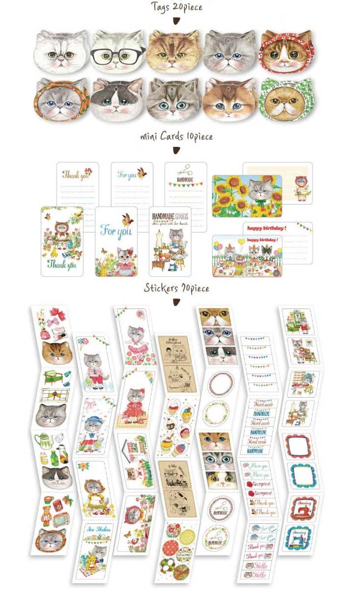 Cat様　コラージュ素材 送料無料 猫のイラスト 可愛い シール・タグ・ミニカードセット