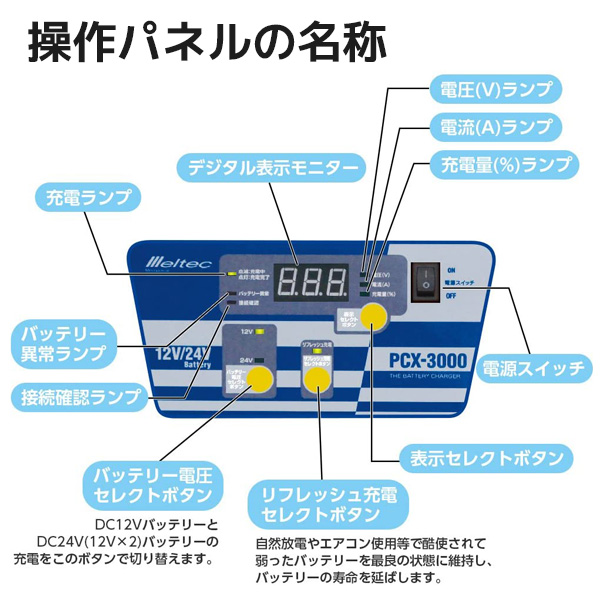 メルテック バッテリー充電器 12v 車 24v バイク 自動車 バッテリー