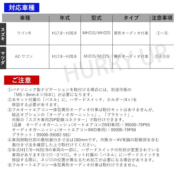 カーAV取付キット スズキ ワゴンR マツダ AZ-ワゴン NKK-S68D 日東工業 異形オーディオ付車 取り付け MH21S MJ22S キット  :000000100184:HURRYUPハリーアップ - 通販 - Yahoo!ショッピング