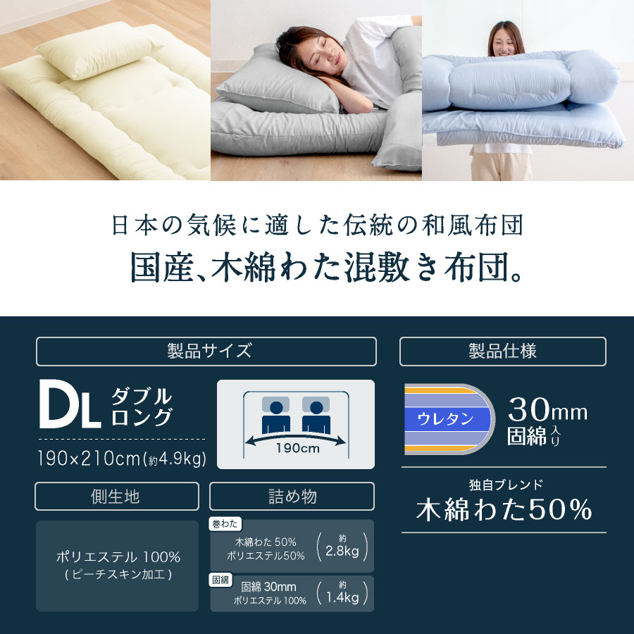 日本製 職人の木綿わた敷き布団 ダブル ロング (ナチュラリズム) 体圧 